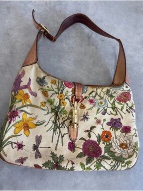 Gucci Floral Canvas Shoulder Bag in Cream, Yellow, Purple, Pink and Brown
